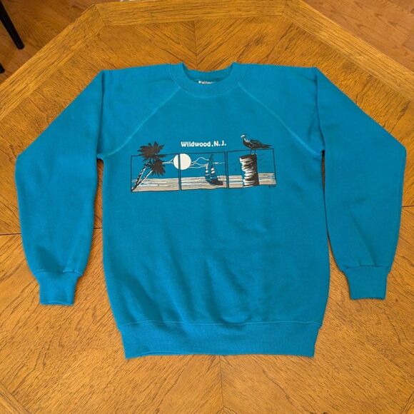 Hanes Tops - Vintage Hanes Wildwood NJ Sweatshirt Turquoise Teal Raglan Crewneck USA Small